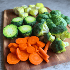 Carrots, bell peppers, broccoli, and Brussels sprouts