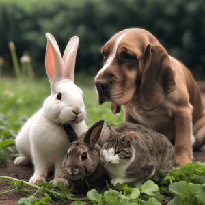 2 rabbits playing with a cat and a dog