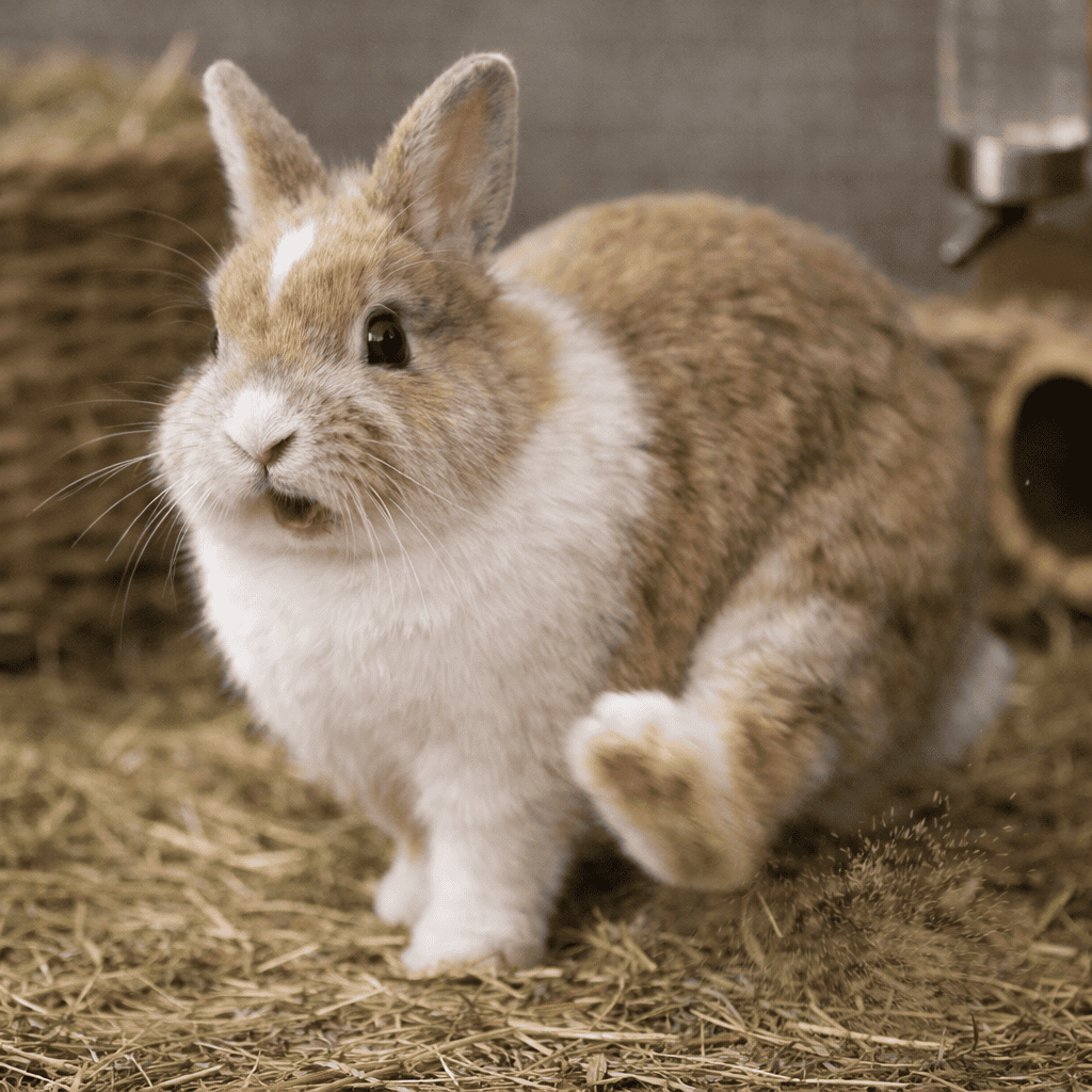 Cute rabbit showing a playful pose in a cozy enclosure.